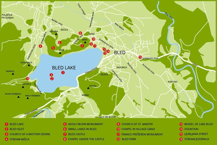 mapa Slovinska ukazuje na jezero bled