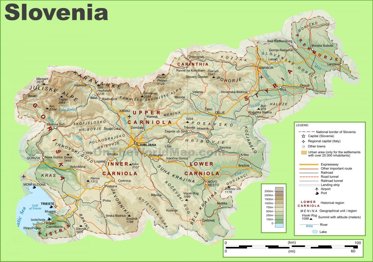 Mapa Slovinska fyzické