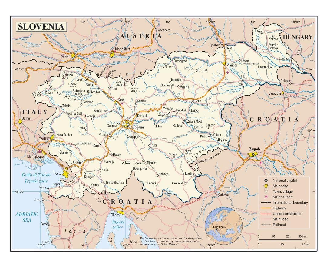 Mapa Slovinska letišť