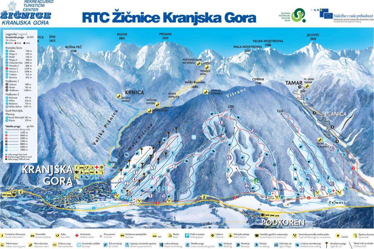 Mapa lyžařských středisek ve Slovinsku