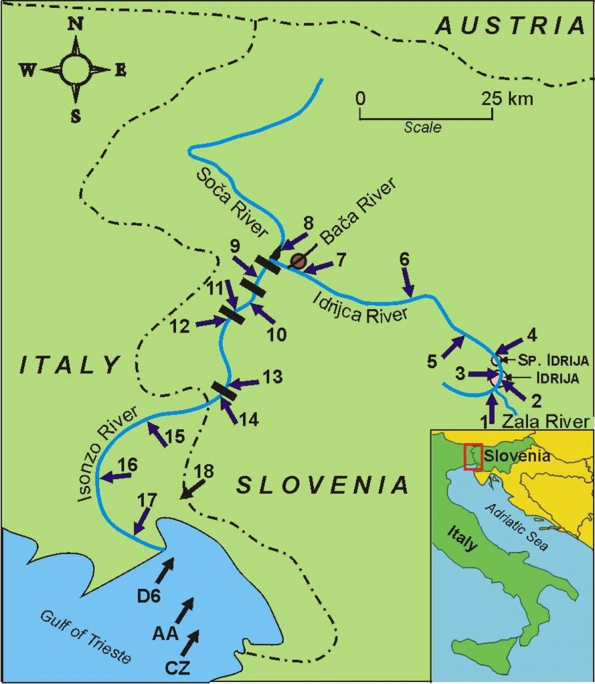 Mapa řeky soča ve Slovinsku